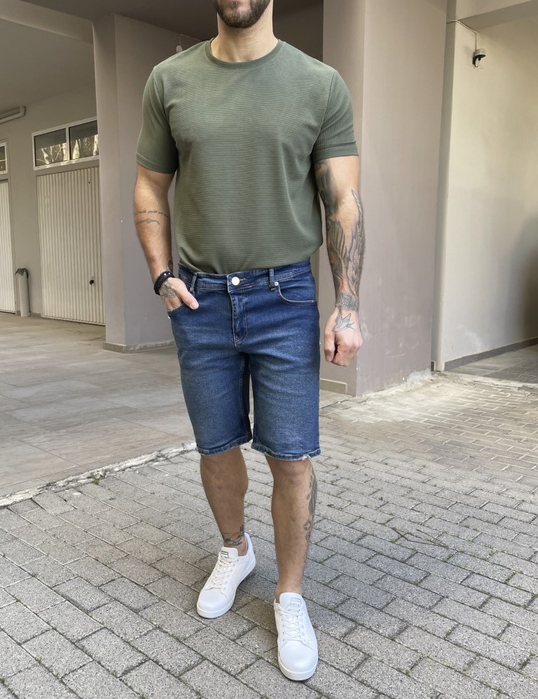 Ανδρική μπλε σκούρο ελαστική τζιν βερμούδα 20131 φωτογραφία